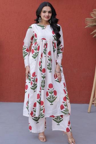 White Cotton Readymade Kurti Set with Printed Work