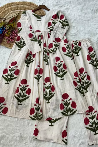 white silk blend  readymade kurti set with printed work