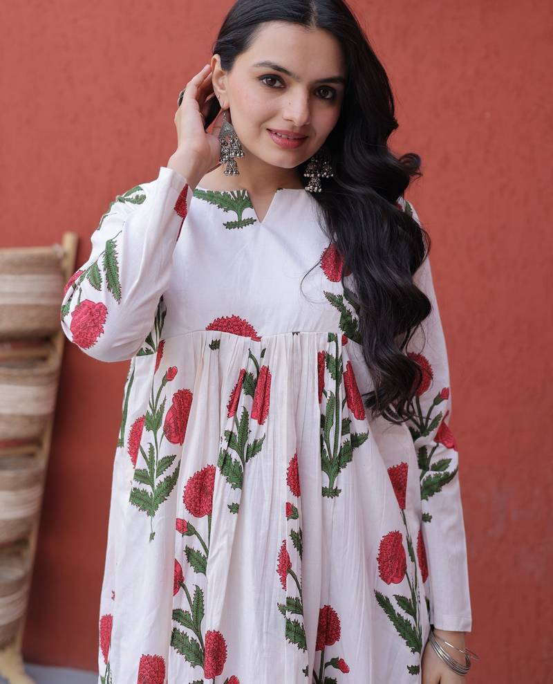 white silk blend  readymade kurti set with printed work