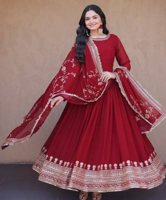 maroon faux georgette readymade anarkali suit with embroidery & sequence work 1