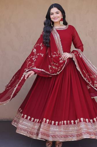 maroon faux georgette readymade anarkali suit with embroidery & sequence work