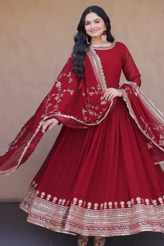 maroon faux georgette readymade anarkali suit with embroidery & sequence work