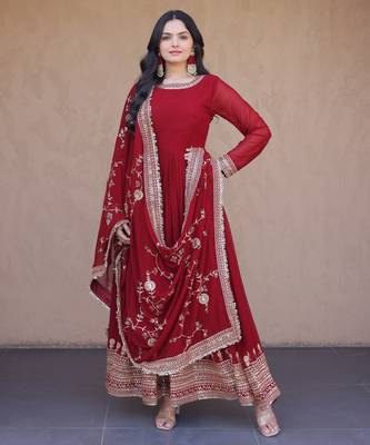 maroon faux georgette readymade anarkali suit with embroidery & sequence work 2