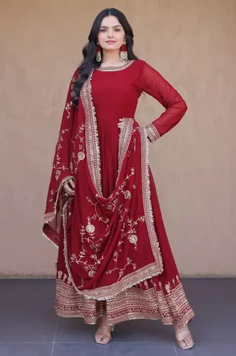 maroon faux georgette readymade anarkali suit with embroidery & sequence work