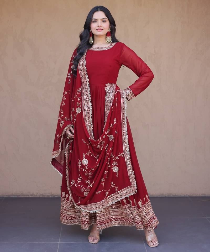 maroon faux georgette readymade anarkali suit with embroidery & sequence work