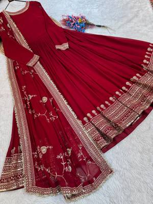 maroon faux georgette readymade anarkali suit with embroidery & sequence work 3