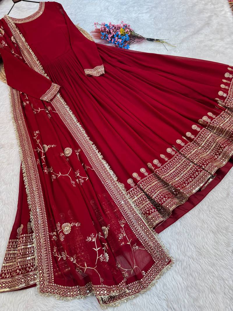 maroon faux georgette readymade anarkali suit with embroidery & sequence work