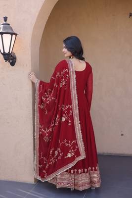 maroon faux georgette readymade anarkali suit with embroidery & sequence work 4