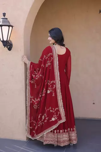 maroon faux georgette readymade anarkali suit with embroidery & sequence work