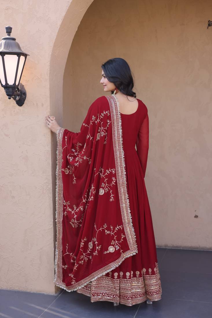maroon faux georgette readymade anarkali suit with embroidery & sequence work