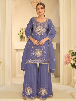 lavender silk blend  readymade suit with real mirror & sequence work 1