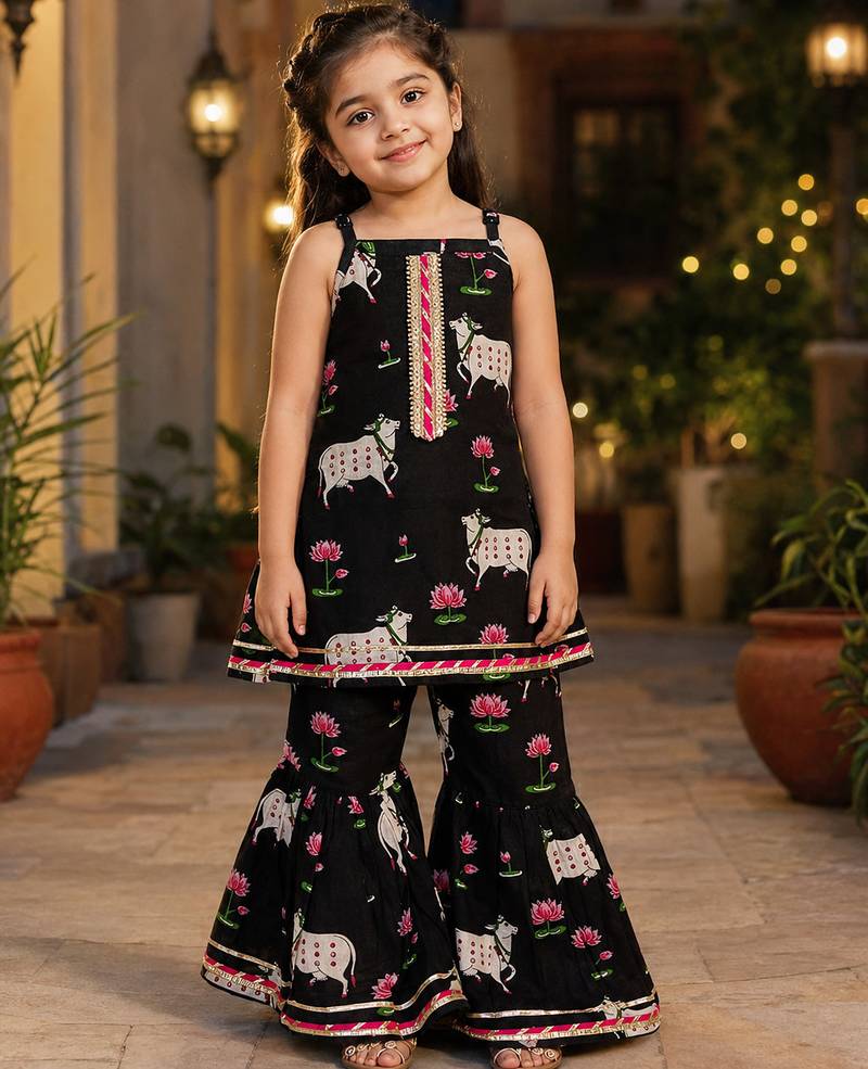 Girls Sleeveless Cotton Kurta & Churidar Salwar Set