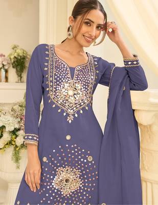 lavender silk blend  readymade suit with real mirror & sequence work 2
