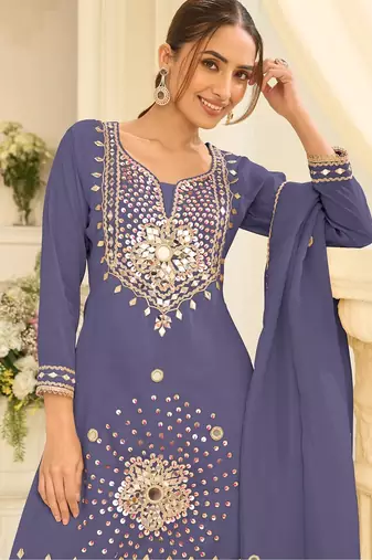 lavender silk blend  readymade suit with real mirror & sequence work