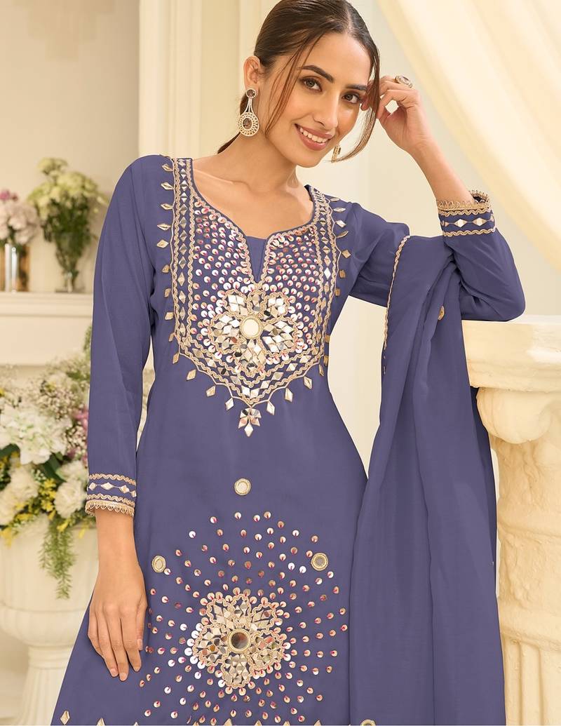 lavender silk blend  readymade suit with real mirror & sequence work
