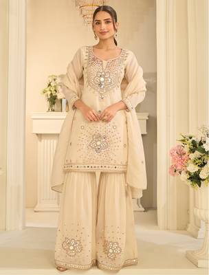 white silk blend  readymade suit with real mirror & sequence work 1