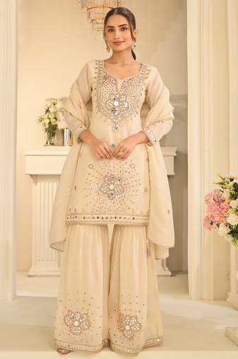 white silk blend  readymade suit with real mirror & sequence work