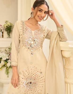 white silk blend  readymade suit with real mirror & sequence work 2