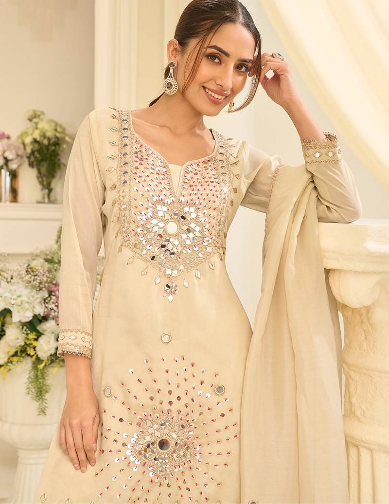 white silk blend  readymade suit with real mirror & sequence work