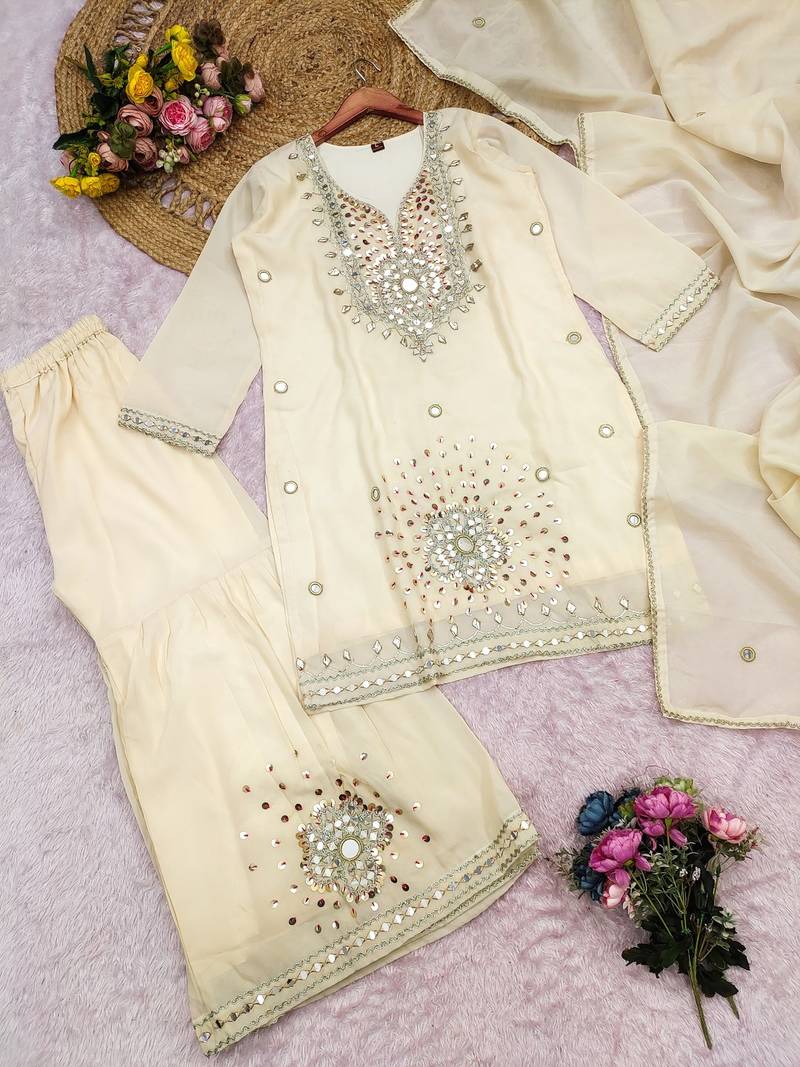 white silk blend  readymade suit with real mirror & sequence work