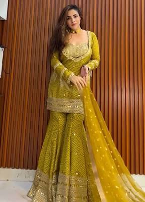 mustard chinon readymade suit with embroidery & sequence work 1