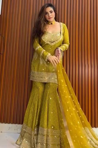 mustard chinon readymade suit with embroidery & sequence work