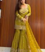 mustard chinon readymade suit with embroidery & sequence work
