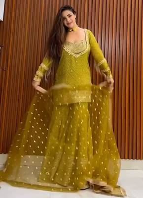 mustard chinon readymade suit with embroidery & sequence work 2
