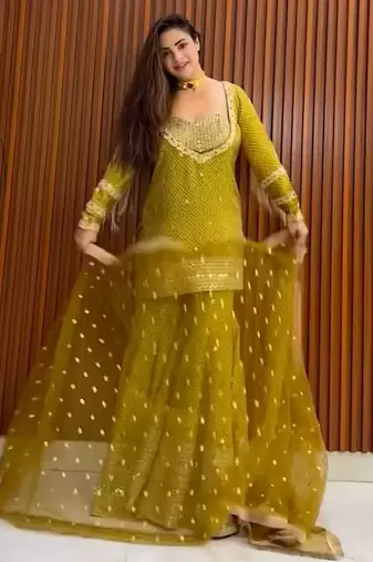 mustard chinon readymade suit with embroidery & sequence work