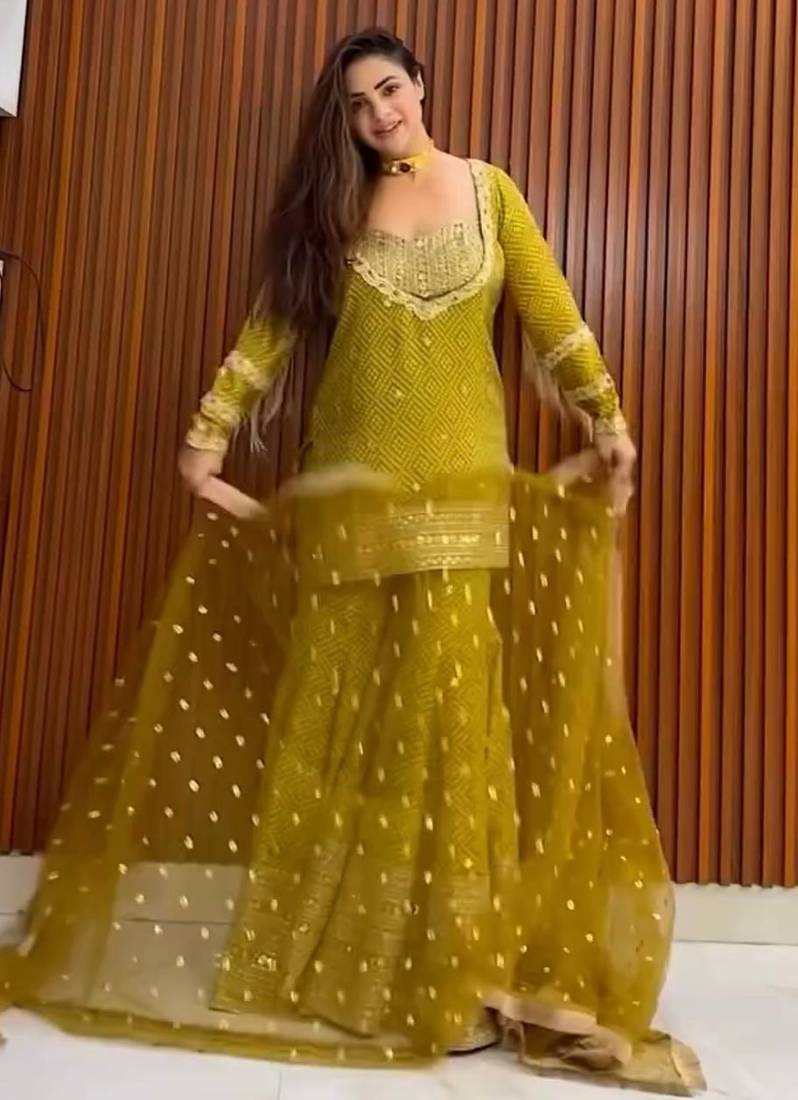 mustard chinon readymade suit with embroidery & sequence work