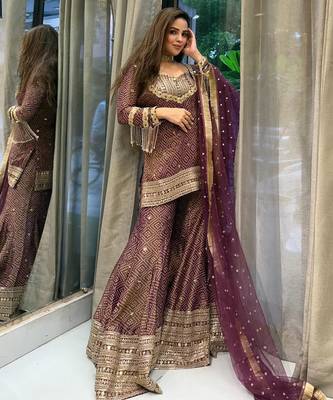 brown chinon readymade suit with embroidery & sequence work 1