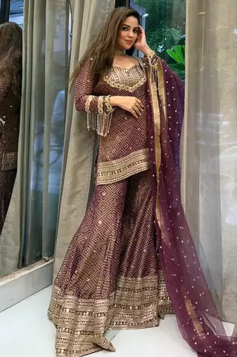 brown chinon readymade suit with embroidery & sequence work