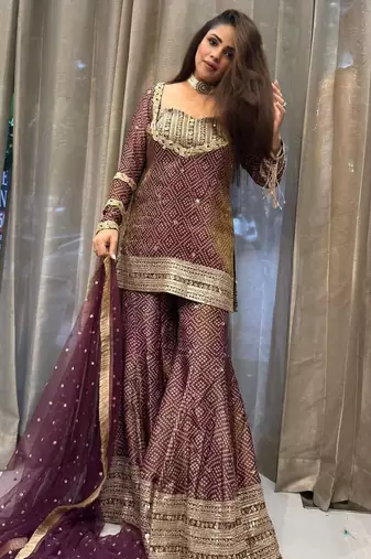 brown chinon readymade suit with embroidery & sequence work