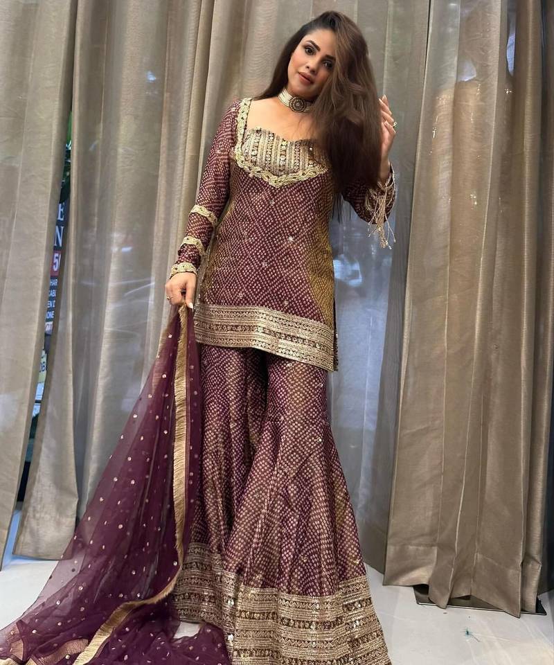 brown chinon readymade suit with embroidery & sequence work