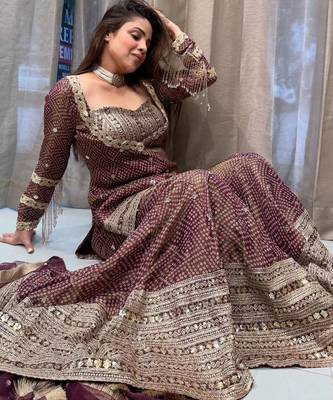 brown chinon readymade suit with embroidery & sequence work 3