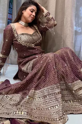 brown chinon readymade suit with embroidery & sequence work