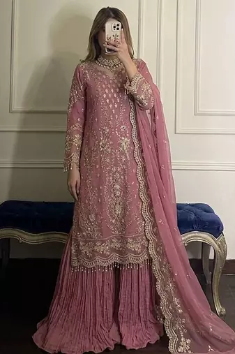 pink georgette readymade suit with embroidery & sequence work