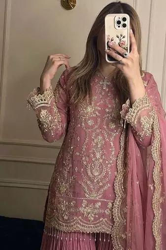 pink georgette readymade suit with embroidery & sequence work