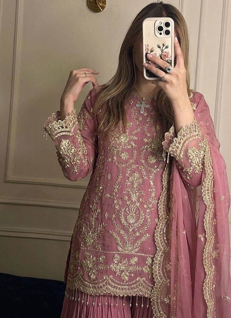 pink georgette readymade suit with embroidery & sequence work