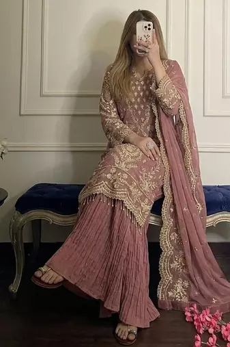 pink georgette readymade suit with embroidery & sequence work