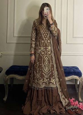 brown georgette readymade suit with embroidery & sequence work 1