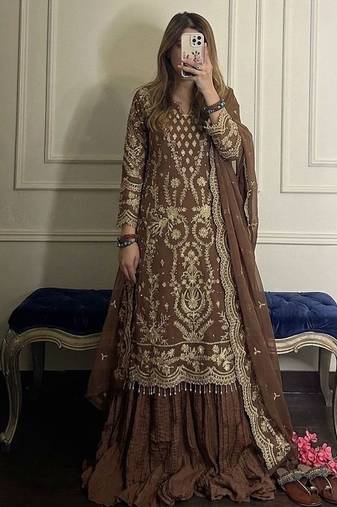 brown georgette readymade suit with embroidery & sequence work