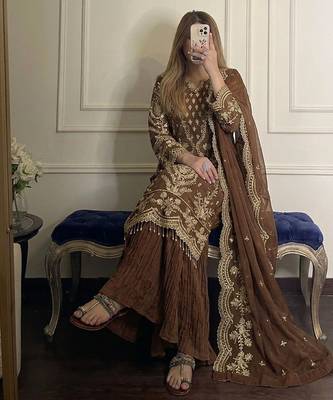brown georgette readymade suit with embroidery & sequence work 2