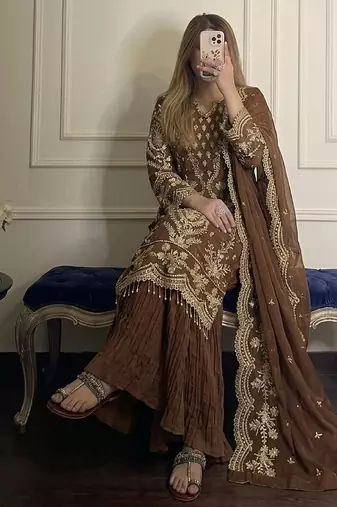 brown georgette readymade suit with embroidery & sequence work