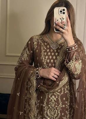 brown georgette readymade suit with embroidery & sequence work 3