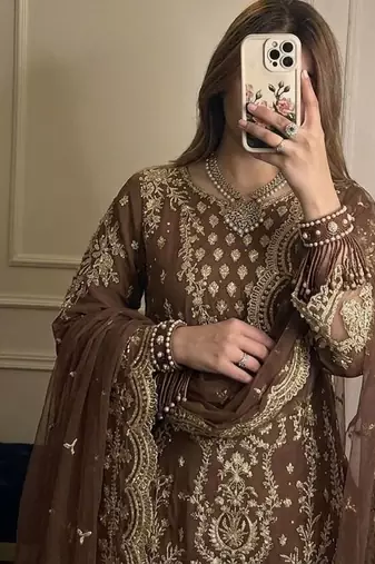 brown georgette readymade suit with embroidery & sequence work