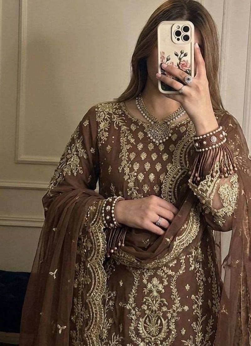 brown georgette readymade suit with embroidery & sequence work