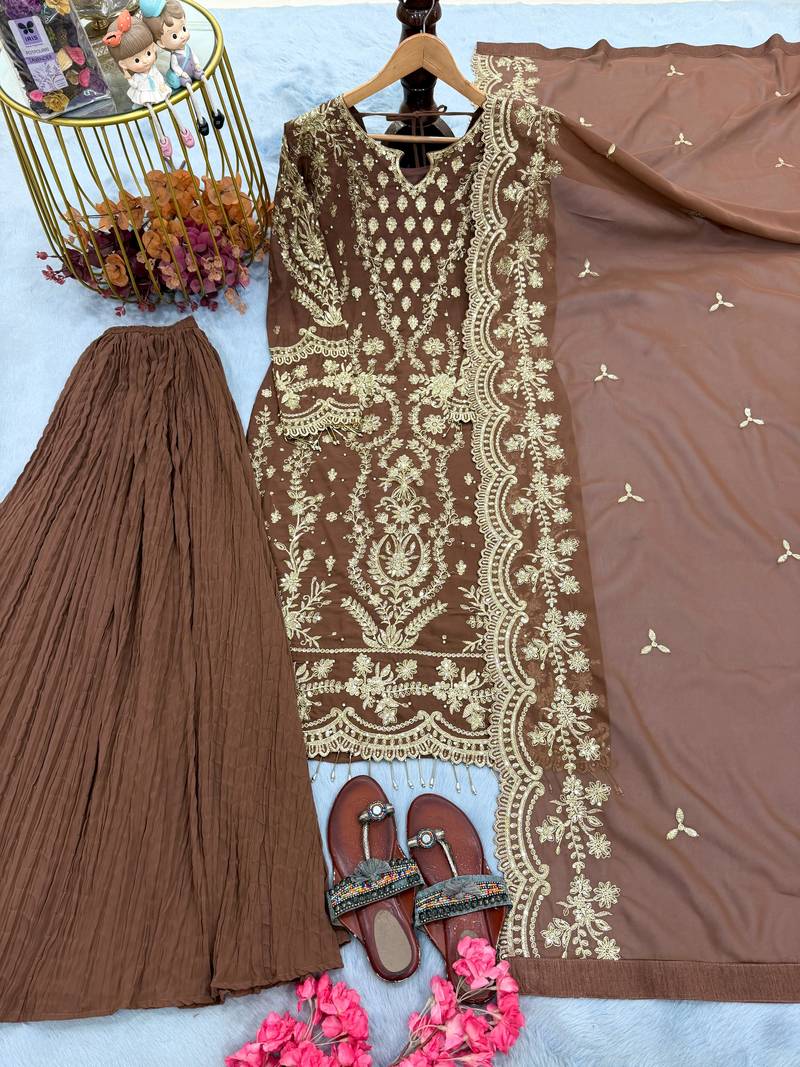 brown georgette readymade suit with embroidery & sequence work