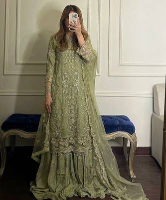 green georgette readymade suit with embroidery & sequence work 1