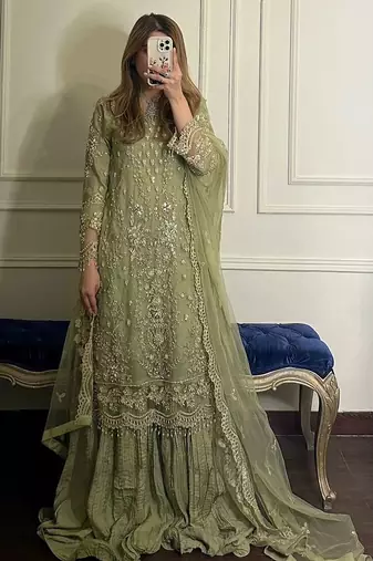 green georgette readymade suit with embroidery & sequence work